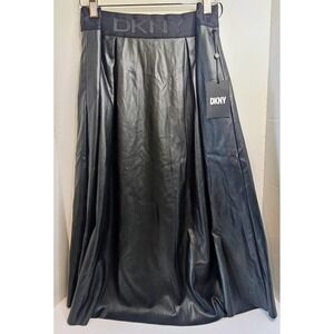 DKNY Black Faux Leather Logo Midi Skirt XL A Line Pleated Full Zip New with Tags